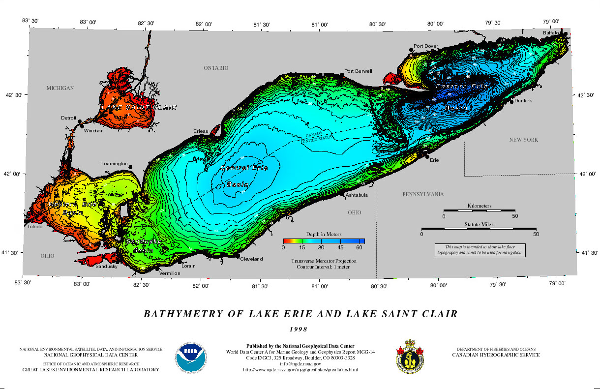 Bathymetric map of Lake Erie and Lake St. Clair showing depth contours in metres across the western, central, and eastern basins.