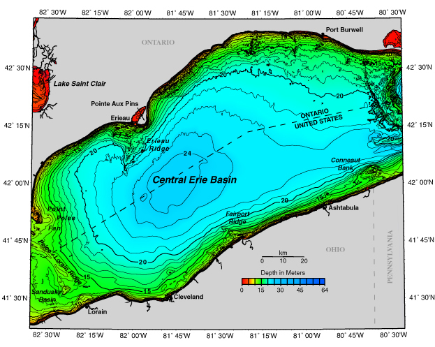 Detailed bathymetric map of the central Lake Erie basin and nearby ridges, with depth contours in metres.