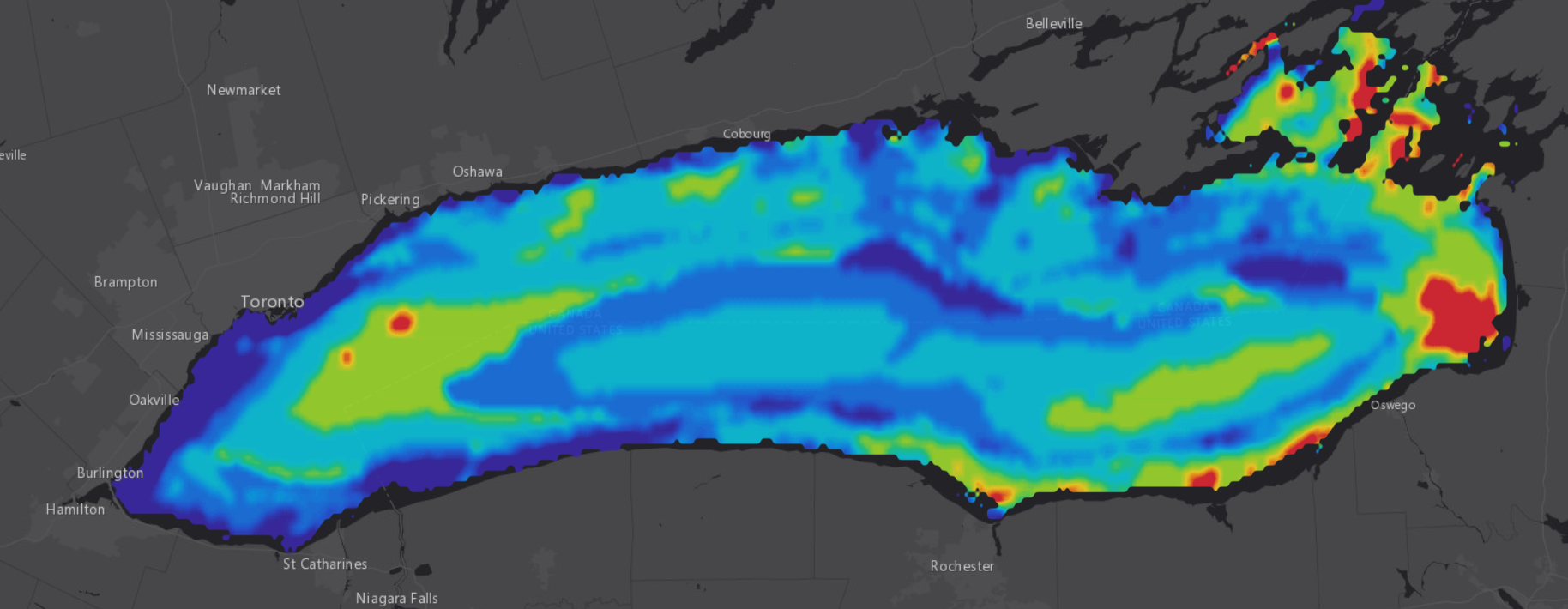Color-coded Great Lakes Trolling map view across Lake Ontario from Toronto to Oswego