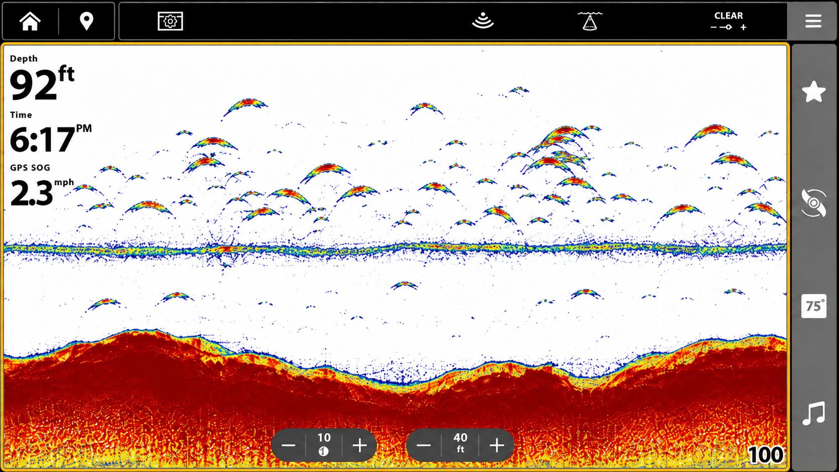 Fish finder sonar at 92 feet with fish arches, a horizontal band through the water column, and the lake bottom