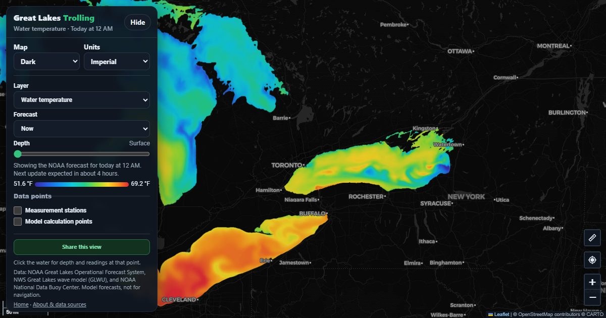 Map of Lakes Ontario, Erie, and Huron coloured by forecast water temperature